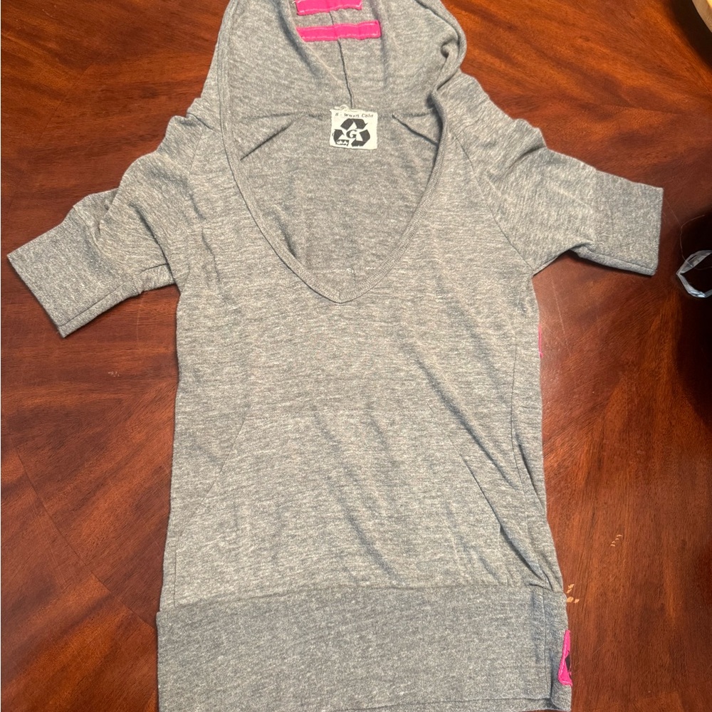Gildan Gray Short Sleeve Hoodie Tee with Pink Accents